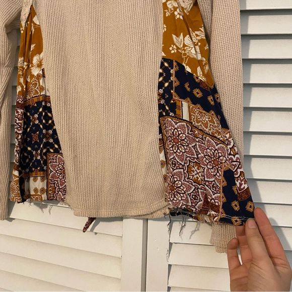 Blue Rain XS Thermal Mixed Material Boho Patchwork Tie Back Long Sleeve Top - Picture 2 of 8